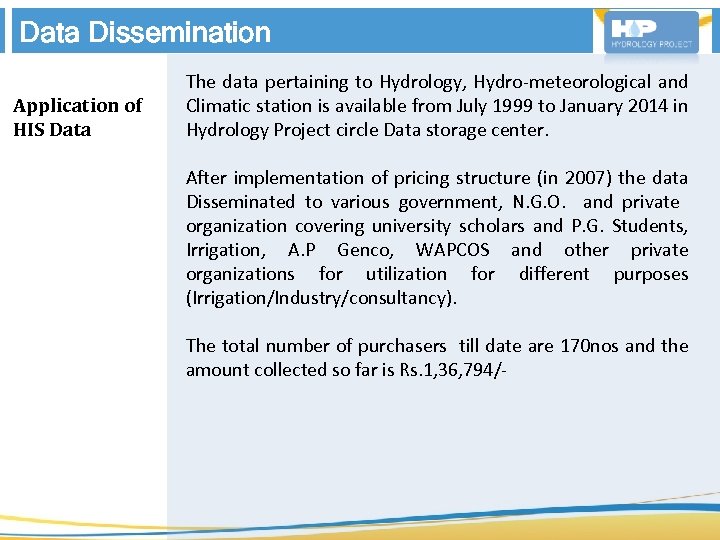  Application of HIS Data Dissemination The data pertaining to Hydrology, Hydro-meteorological and Climatic