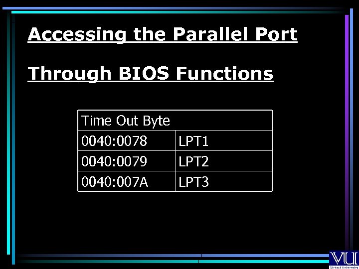 Accessing the Parallel Port Through BIOS Functions Time Out Byte 0040: 0078 LPT 1