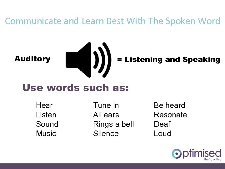 Communicate and Learn Best With The Spoken Word Auditory = Listening and Speaking Use
