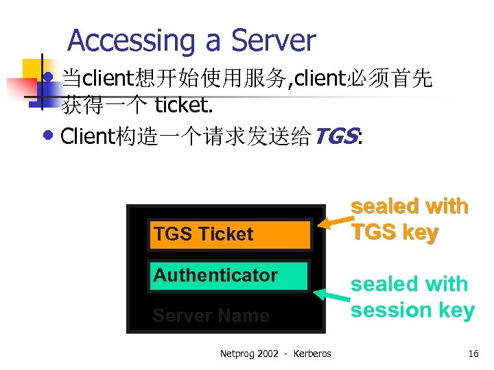Accessing a Server • 当client想开始使用服务, client必须首先 获得一个 ticket. • Client构造一个请求发送给TGS: TGS Ticket Authenticator Server
