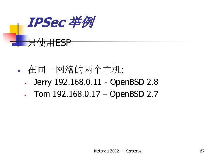 IPSec 举例 • 只使用ESP • 在同一网络的两个主机: • • Jerry 192. 168. 0. 11 -