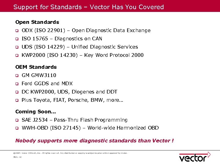 Support for Standards – Vector Has You Covered Open Standards q ODX (ISO 22901)