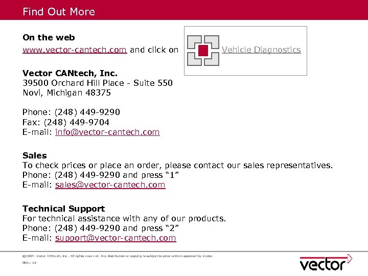 Find Out More On the web www. vector-cantech. com and click on Vehicle Diagnostics