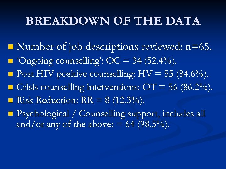 BREAKDOWN OF THE DATA n Number of job descriptions reviewed: n=65. ‘Ongoing counselling’: OC