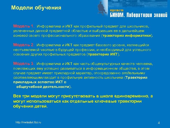 Модели обучения Модель 1. Информатика и ИКТ как профильный предмет для школьников, увлеченных данной