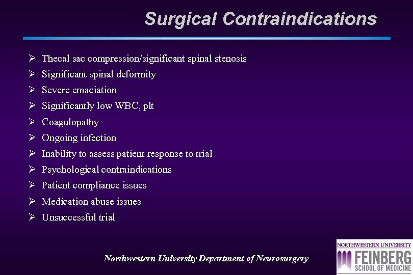 Surgical Contraindications Ø Thecal sac compression/significant spinal stenosis Ø Significant spinal deformity Ø Severe