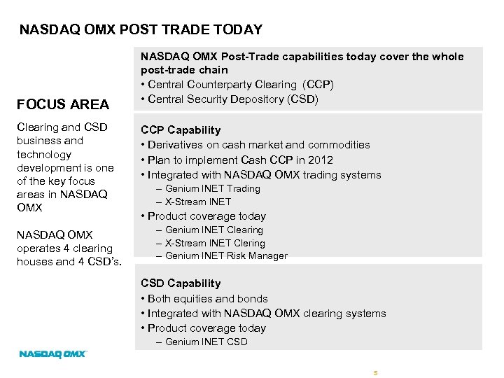 NASDAQ OMX POST TRADE TODAY FOCUS AREA Clearing and CSD business and technology development