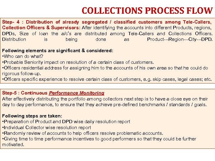 COLLECTIONS PROCESS FLOW Step- 4 : Distribution of already segregated / classified customers among