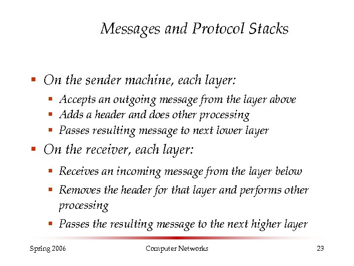 Messages and Protocol Stacks § On the sender machine, each layer: § Accepts an