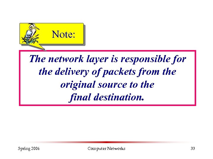 Note: The network layer is responsible for the delivery of packets from the original