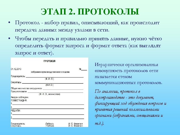 ЭТАП 2. ПРОТОКОЛЫ • Протокол - набор правил, описывающий, как происходит передача данных между