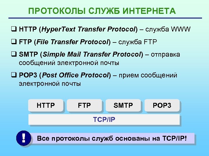 ПРОТОКОЛЫ СЛУЖБ ИНТЕРНЕТА q HTTP (Hyper. Text Transfer Protocol) – служба WWW q FTP