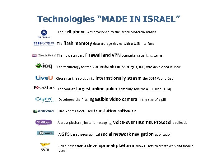 Technologies “MADE IN ISRAEL” The cell phone was developed by the Israeli Motorola branch