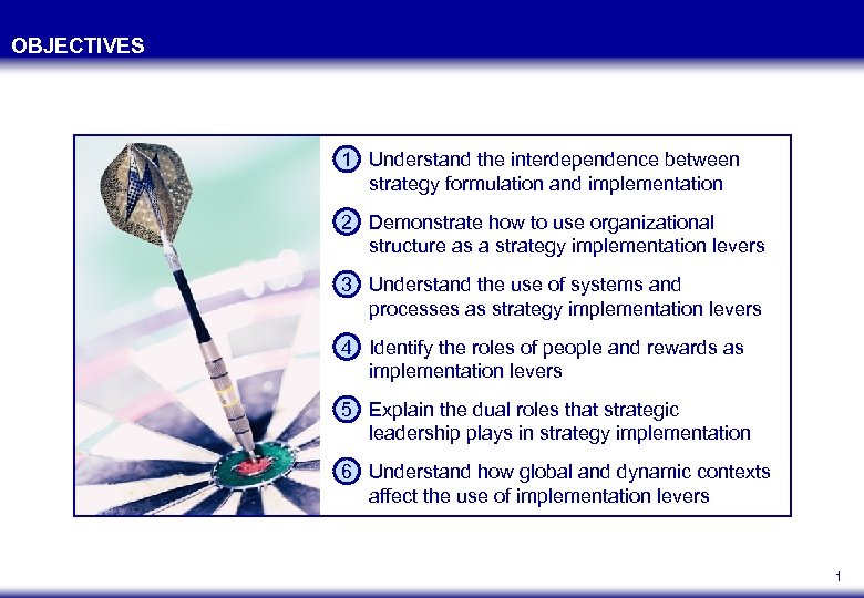 OBJECTIVES 1 Understand the interdependence between strategy formulation and implementation 2 Demonstrate how to