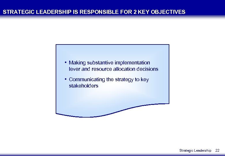 STRATEGIC LEADERSHIP IS RESPONSIBLE FOR 2 KEY OBJECTIVES • Making substantive implementation lever and