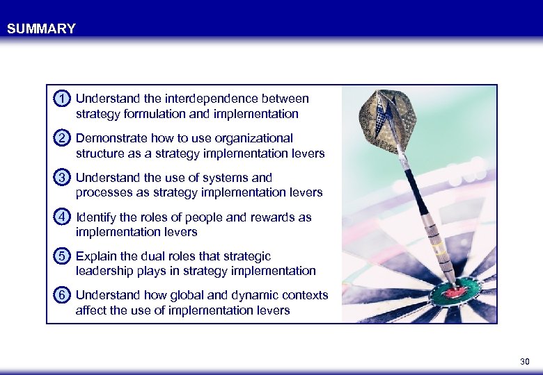 SUMMARY 1 Understand the interdependence between strategy formulation and implementation 2 Demonstrate how to