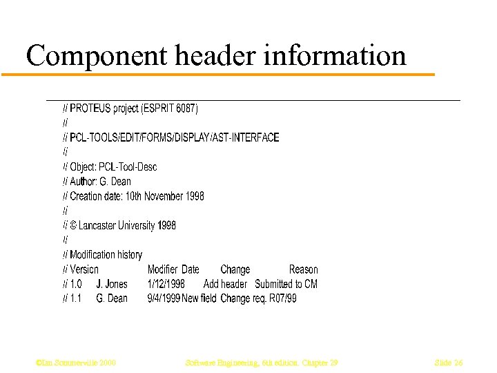 Component header information ©Ian Sommerville 2000 Software Engineering, 6 th edition. Chapter 29 Slide