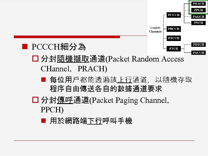 n PCCCH細分為 o 分封隨機擷取通道(Packet Random Access CHannel，PRACH) n 每位用戶都能透過該上行通道，以隨機存取 程序自由傳送各自的數據通道要求 o 分封傳呼通道(Packet Paging Channel，