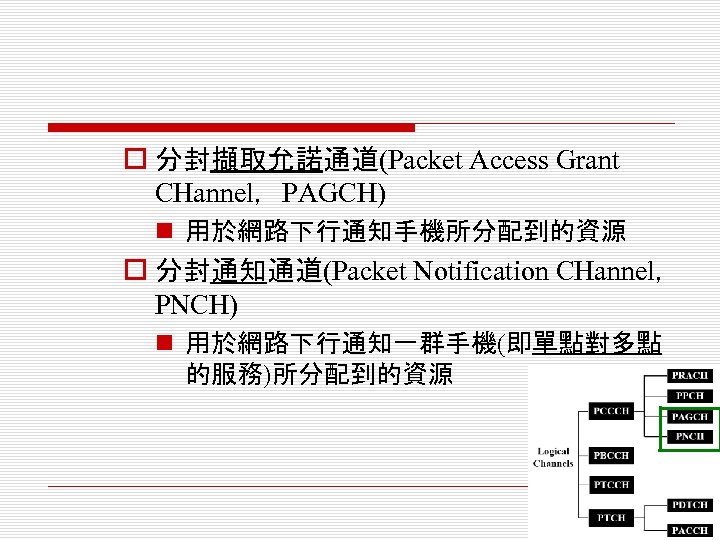 o 分封擷取允諾通道(Packet Access Grant CHannel，PAGCH) n 用於網路下行通知手機所分配到的資源 o 分封通知通道(Packet Notification CHannel， PNCH) n 用於網路下行通知一群手機(即單點對多點