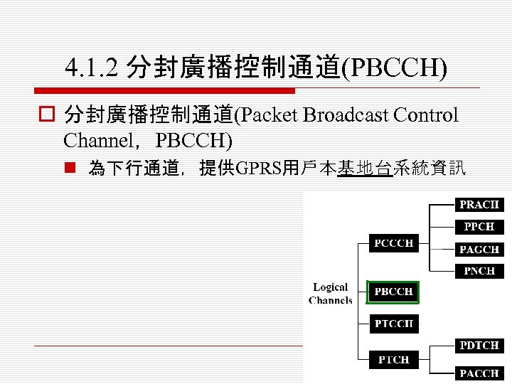 4. 1. 2 分封廣播控制通道(PBCCH) o 分封廣播控制通道(Packet Broadcast Control Channel，PBCCH) n 為下行通道，提供GPRS用戶本基地台系統資訊 