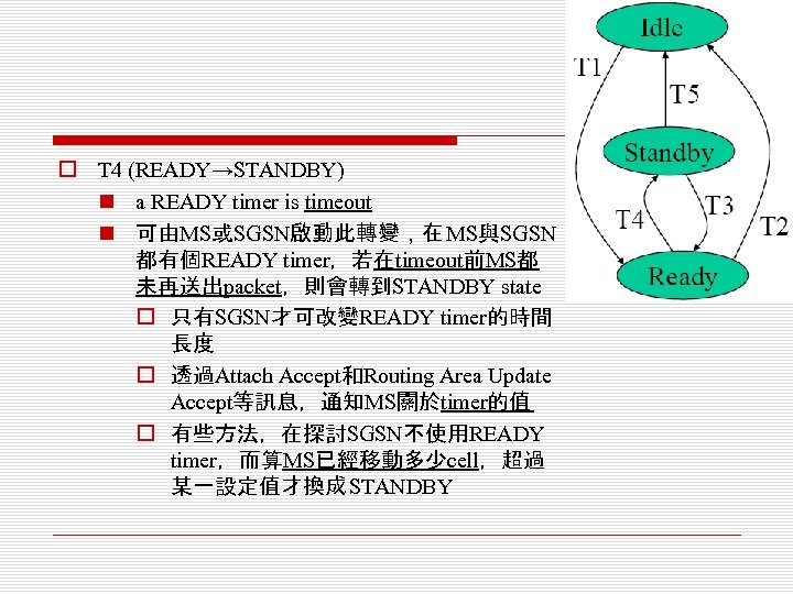 o T 4 (READY→STANDBY) n a READY timer is timeout n 可由MS或SGSN啟動此轉變，在 MS與SGSN 都有個READY