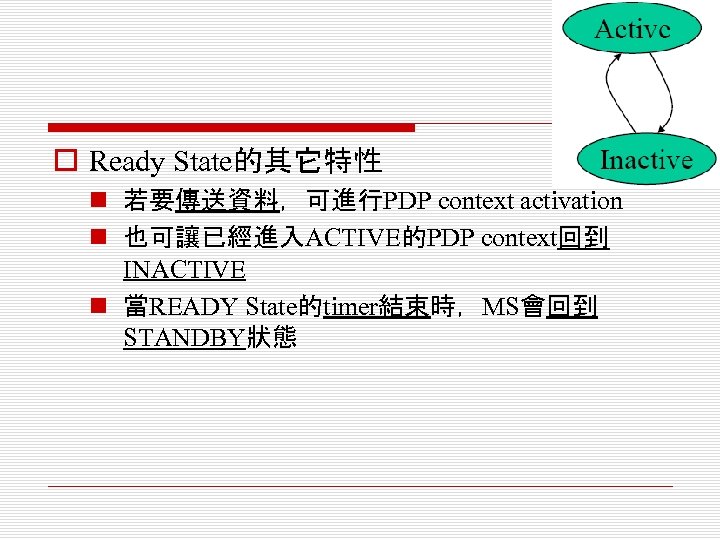 o Ready State的其它特性 n 若要傳送資料，可進行PDP context activation n 也可讓已經進入ACTIVE的PDP context回到 INACTIVE n 當READY State的timer結束時，MS會回到