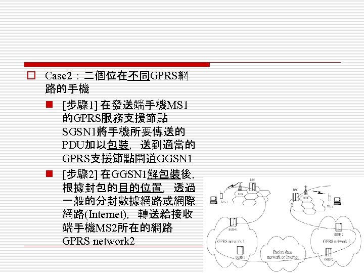 o Case 2：二個位在不同GPRS網 路的手機 n [步驟 1] 在發送端手機MS 1 的GPRS服務支援節點 SGSN 1將手機所要傳送的 PDU加以包裝，送到適當的 GPRS支援節點閘道GGSN