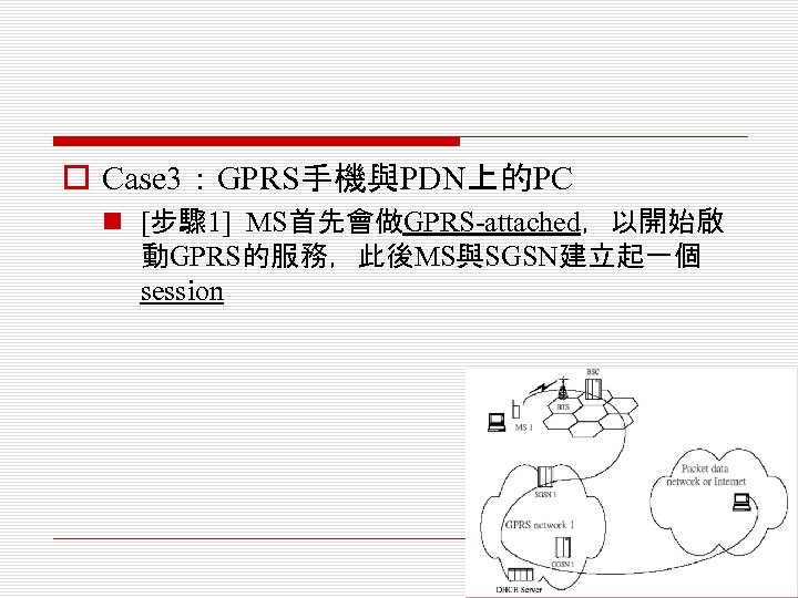 o Case 3：GPRS手機與PDN上的PC n [步驟 1] MS首先會做GPRS-attached，以開始啟 動GPRS的服務，此後MS與SGSN建立起一個 session 