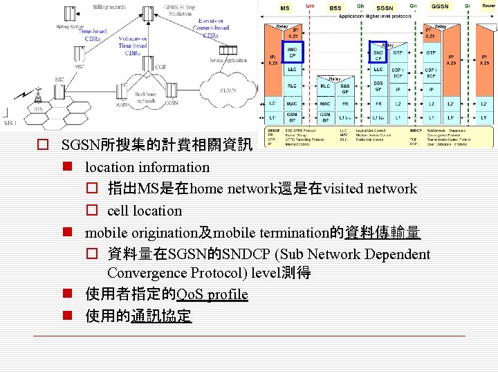 o SGSN所搜集的計費相關資訊 n location information o 指出MS是在home network還是在visited network o cell location n mobile