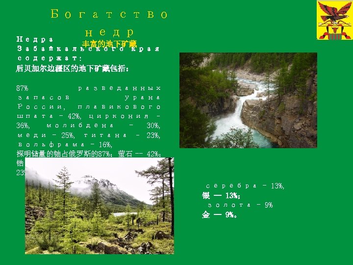 Богатство недр Недра 丰富的地下矿藏 Забайкальского края содержат: 后贝加尔边疆区的地下矿藏包括： 87% разведанных запасов урана России, плавикового