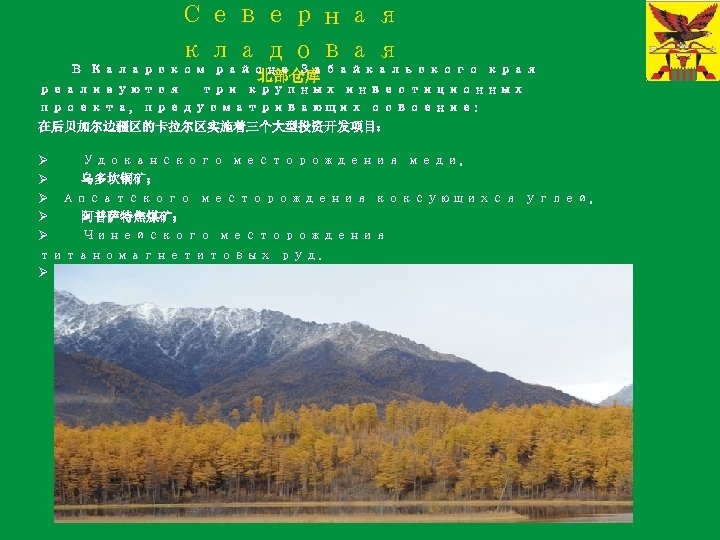 Северная кладовая В Каларском районе Забайкальского края 北部仓库 реализуются три крупных инвестиционных проекта, предусматривающих
