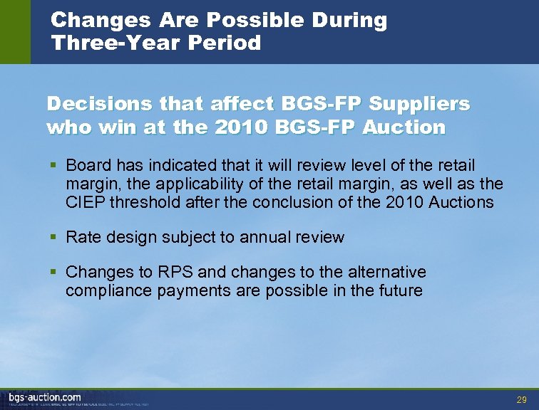 Changes Are Possible During Three-Year Period Decisions that affect BGS-FP Suppliers who win at
