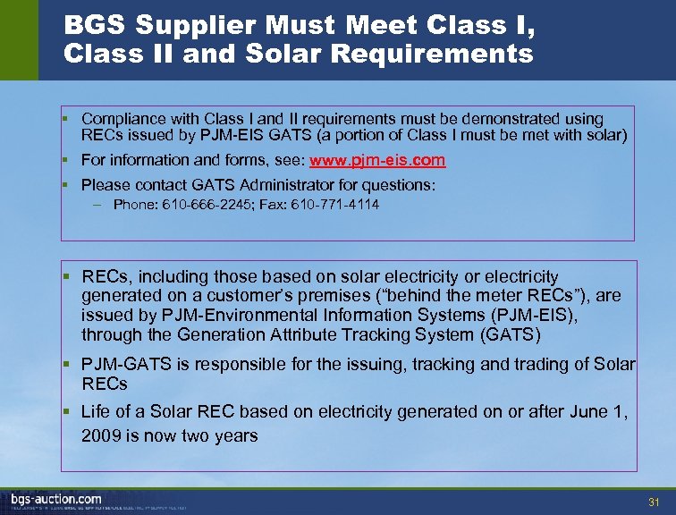 BGS Supplier Must Meet Class I, Class II and Solar Requirements § Compliance with
