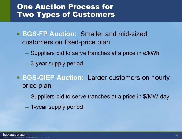 One Auction Process for Two Types of Customers § BGS-FP Auction: Smaller and mid-sized