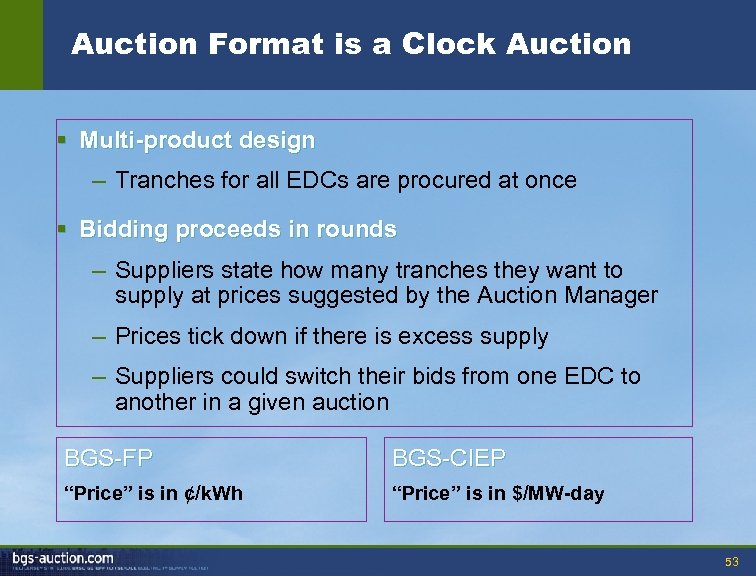 Auction Format is a Clock Auction § Multi-product design – Tranches for all EDCs