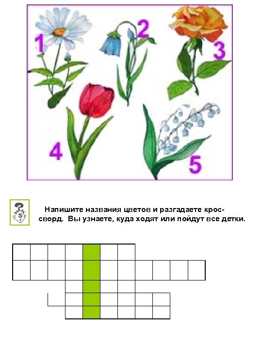 Напишите названия цветов и разгадаете кроссворд. Вы узнаете, куда ходят или пойдут все детки.