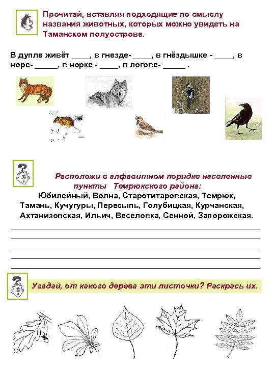 Прочитай, вставляя подходящие по смыслу названия животных, которых можно увидеть на Таманском полуострове. В