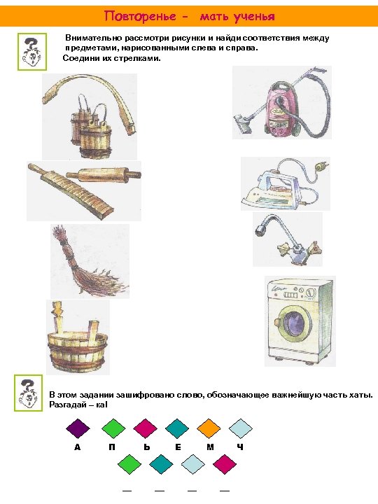 Повторенье - мать ученья Внимательно рассмотри рисунки и найди соответствия между предметами, нарисованными слева