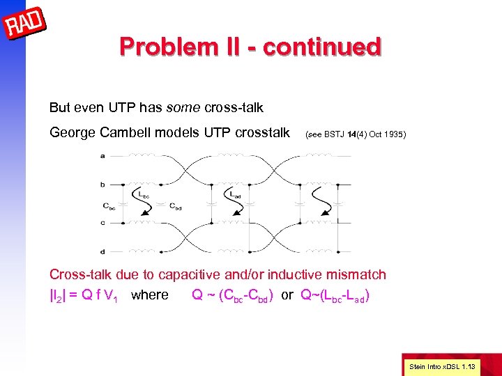 Problem II - continued But even UTP has some cross-talk George Cambell models UTP