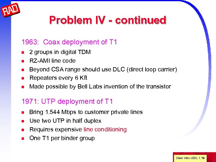 Problem IV - continued 1963: Coax deployment of T 1 n n n 2