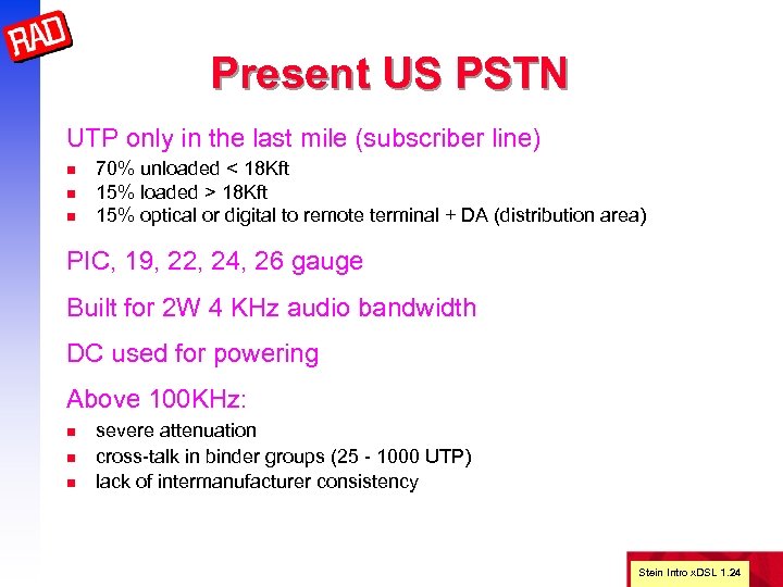 Present US PSTN UTP only in the last mile (subscriber line) n n n