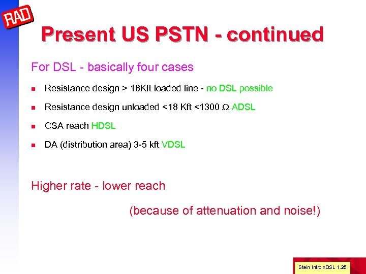 Present US PSTN - continued For DSL - basically four cases n Resistance design
