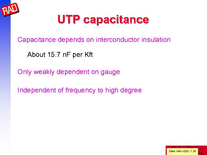 UTP capacitance Capacitance depends on interconductor insulation About 15. 7 n. F per Kft
