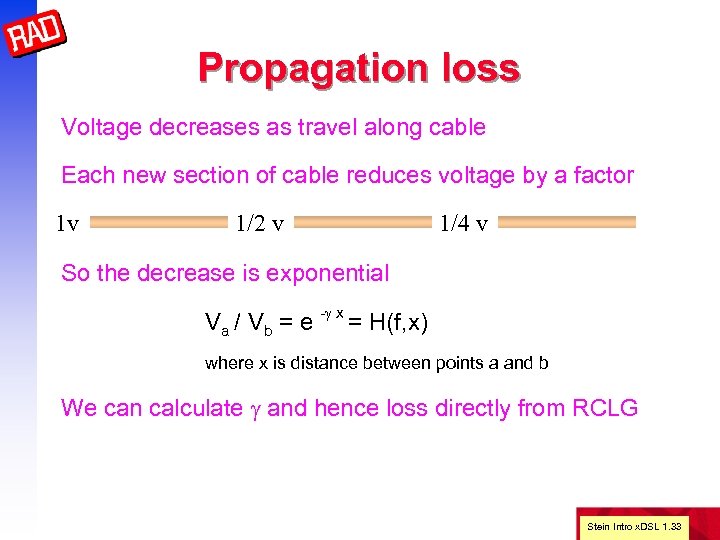 Propagation loss Voltage decreases as travel along cable Each new section of cable reduces