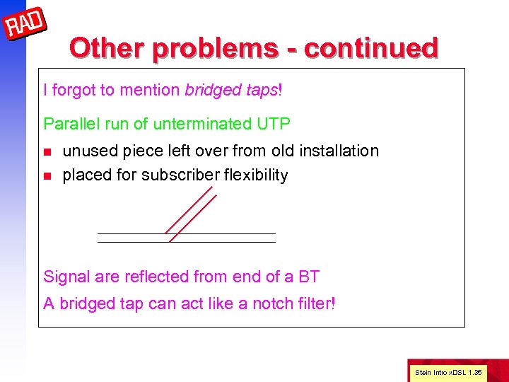 Other problems - continued I forgot to mention bridged taps! Parallel run of unterminated