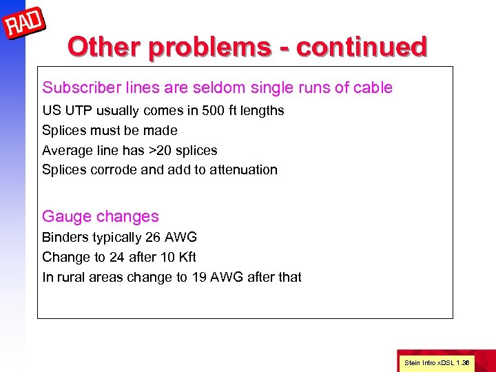 Other problems - continued Subscriber lines are seldom single runs of cable US UTP