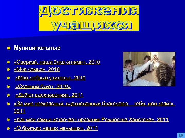 n Муниципальные «Сверкай, наша ёлка огнями» , 2010 «Моя семья» , 2010 «Мой добрый