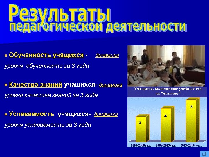 Обученность учащихся - динамика уровня обученности за 3 года Качество знаний учащихся- динамика уровня