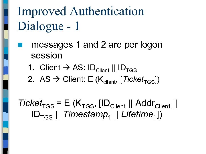 Improved Authentication Dialogue - 1 n messages 1 and 2 are per logon session