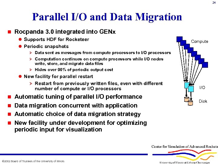 24 Parallel I/O and Data Migration n Rocpanda 3. 0 integrated into GENx l